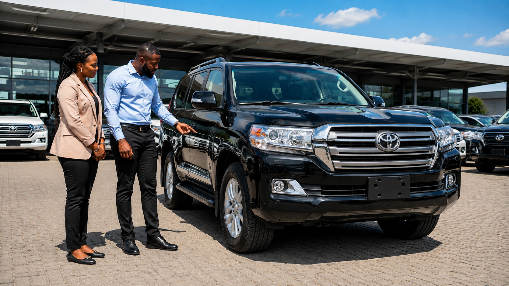 Car dealership advisor showing a vehicle to a customer