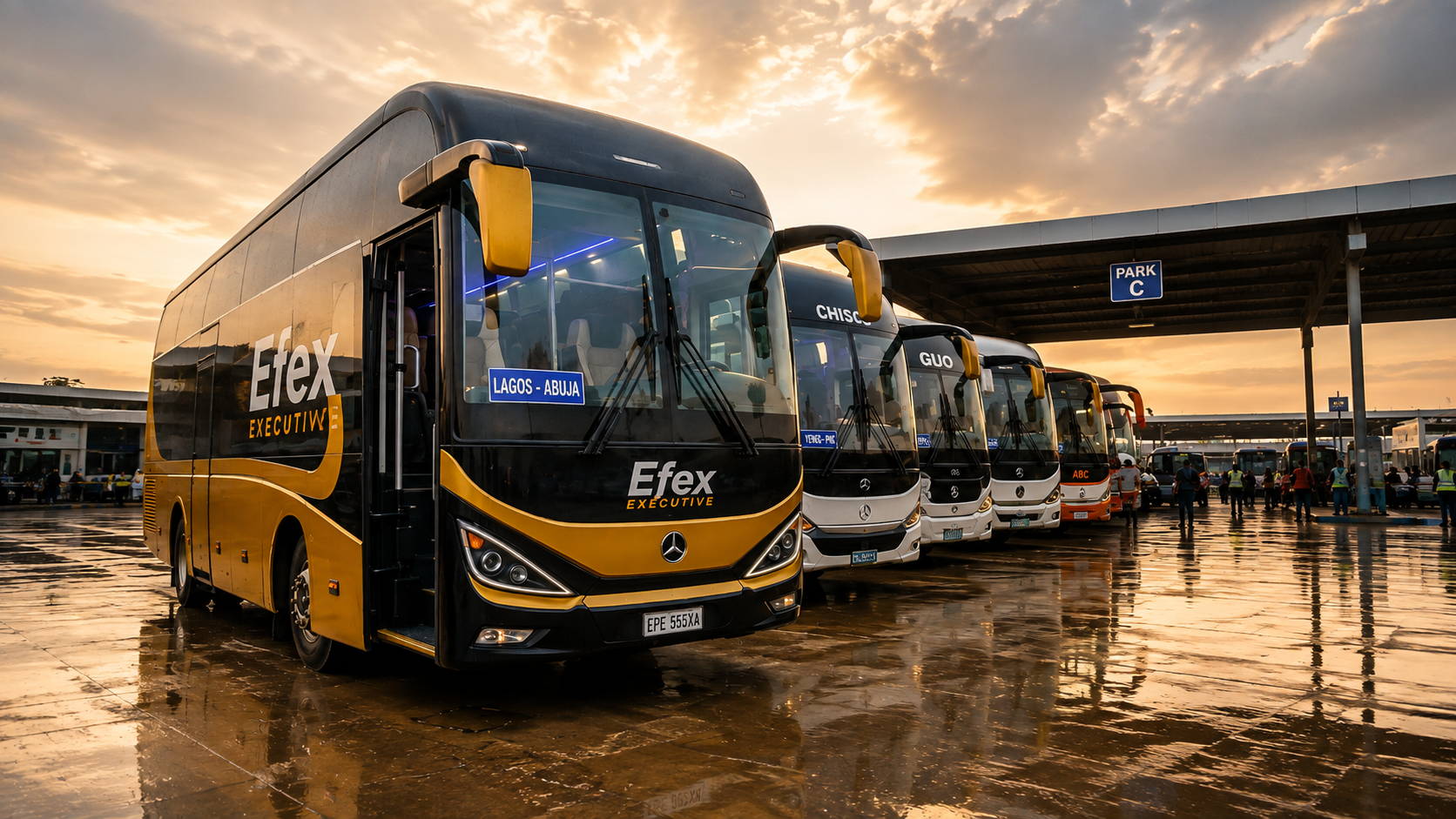 Intercity coaches at a transport terminal