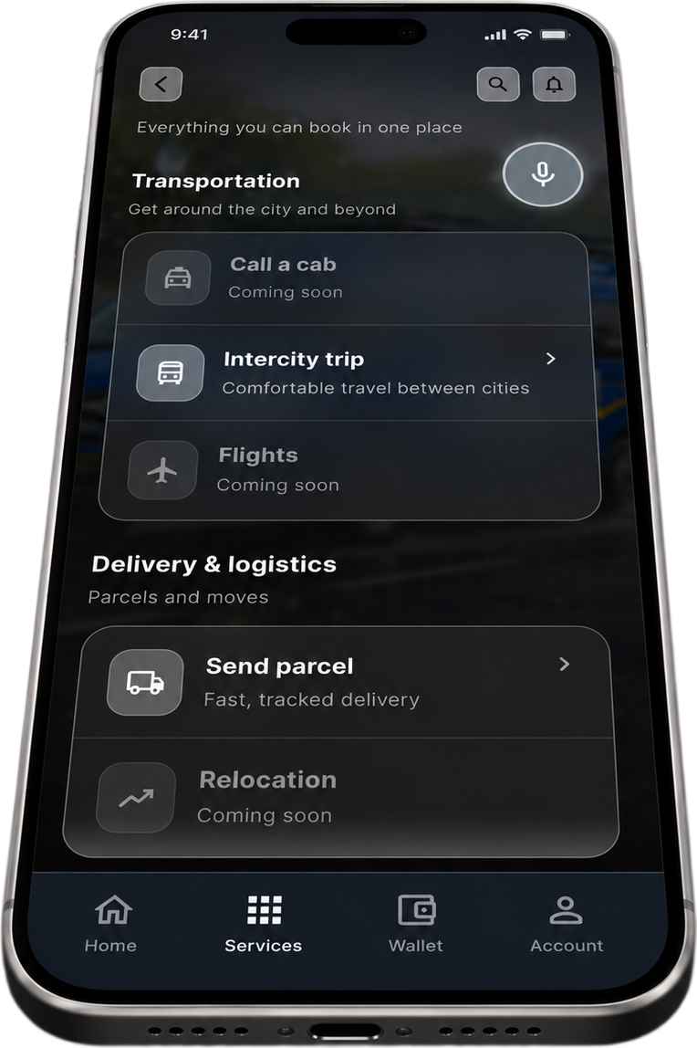 Npod app on a smartphone showing booking and mobility services